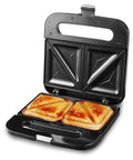 Open Go-To Panini Maker Grill Press For Quick Grilled Cheese And More 2 Slice, stainless steel with sandwiches inside.