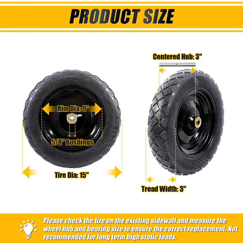 Image showing Flat Free Tire And Wheel For 15 Inch Wheelbarrow Replacement Kit with size and hub details.