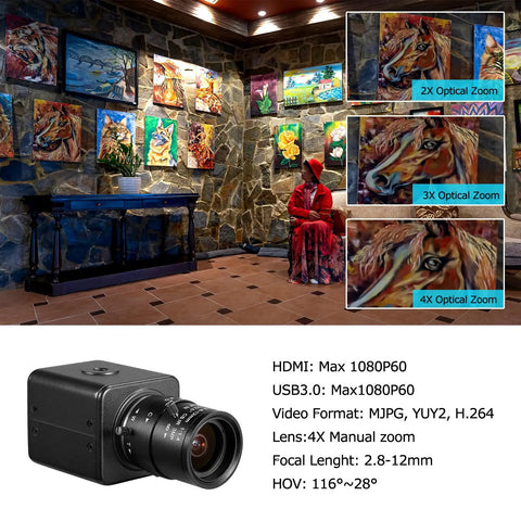 Top Tier 1080p 60fps Usb3.0 Hdmi Dual Output Digital Security Camera showcasing 4X manual zoom lens in a gallery setting.