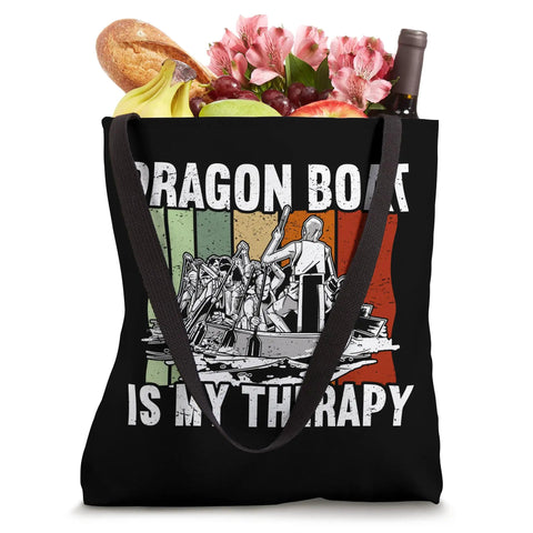 Racing Themed Tote Bag For Dragon Boat Teams And Coaches, Lightweight Polyester Canvas With Dual 14 Inch Black Webbing Handles, 16 By 16 Inch Carryall For Training And Races featuring 'Dragon Boat Is My Therapy' message