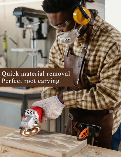 Person using heavy duty wood carving disc set with pro grade five rotary burrs for angle grinder on wooden surface