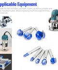 8 Piece Cove Box Round Nose Router Bit Set With 1 Quarter Inch Shank Carbide Tipped Core Box Router Bits For DIY Woodworking Projects Including Cutting Diameters From One Quarter Inch To One Inch For Precise Grooves And Beads displayed alongside compatible routers and woodworking equipment.