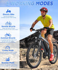 Man riding Electric Mountain Bike for Adults 26 Inch Wheel With 1000 Watt Peak Motor Up To 20 MPH Top Speed 50 Mile Range.