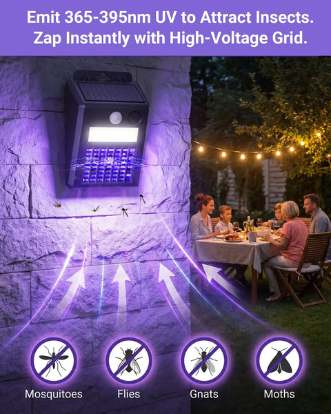 Solar Powered Bug Zapper Outdoor 2 In 1 Waterproof Cordless Mosquito Killer Lamp With UV Light And Motion Sensor Light installed on wall
