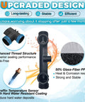 Sensor valve/bypass for hot-water recirculation; black plastic body with threaded ends and temperature sensor