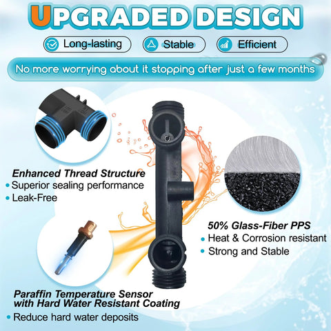 Sensor valve/bypass for hot-water recirculation; black plastic body with threaded ends and temperature sensor