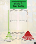 Comparison of a green plastic rake and a 34 inch red kids rake with hardwood handle and durable plastic head for leaf cleanup