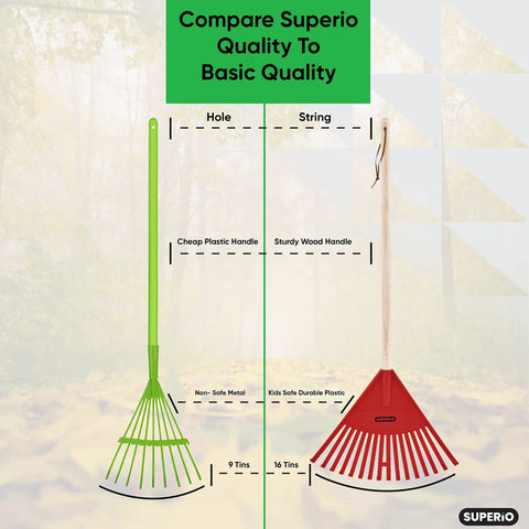 Comparison of a green plastic rake and a 34 inch red kids rake with hardwood handle and durable plastic head for leaf cleanup