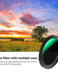 67mm Variable ND And CPL Two In One Filter for camera lenses displayed with vibrant sunset landscape background