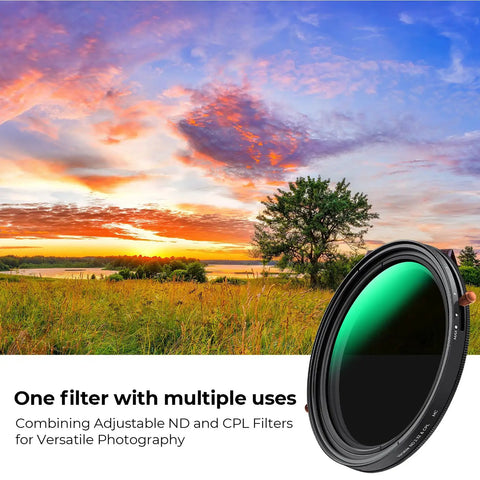 67mm Variable ND And CPL Two In One Filter for camera lenses displayed with vibrant sunset landscape background