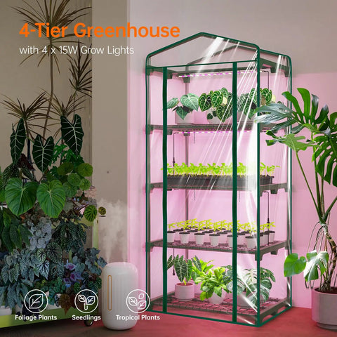 Indoor Greenhouse With Grow Lights For Seed Starting, 4 Tier Plant Growing Rack With Zippered PVC Cover, Dimmable 60W Plant Light With Timer, Fits 10x20 Seed Trays, Compact Yet Roomy Indoor Garden Station For Year Round Growth