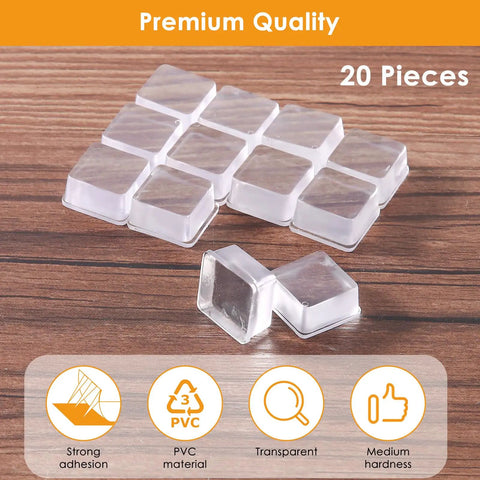 Self Adhesive Rubber Bumpers For Cutting Boards And Appliances, Clear Square Pad Feet, 20 Pack on wooden surface