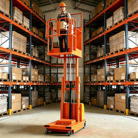 Fully Electric Self-Propelled Order Picker Lift Truck With 661 Lbs Capacity drivable stock picker in warehouse at 13 FT height.