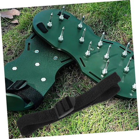 Adjustable Lawn Aerator Shoes Straps, Spiked Sandals For Soil Aeration with heavy-duty spikes on grass.