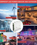 Waterproof LED power supply for indoor and outdoor use, showcasing various applications like lighting and billboards.
