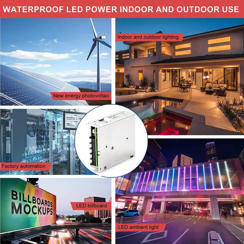 Waterproof LED power supply for indoor and outdoor use, showcasing various applications like lighting and billboards.