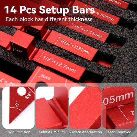 Router Table Setup Blocks Kit With 14 Aluminum Precision Blocks Height Gauge Laser Engraved Size Markings And Storage Case For Handy Stackable Router Table Setup Saw Accessories And Angle Woodworking, red anodized blocks with size markings