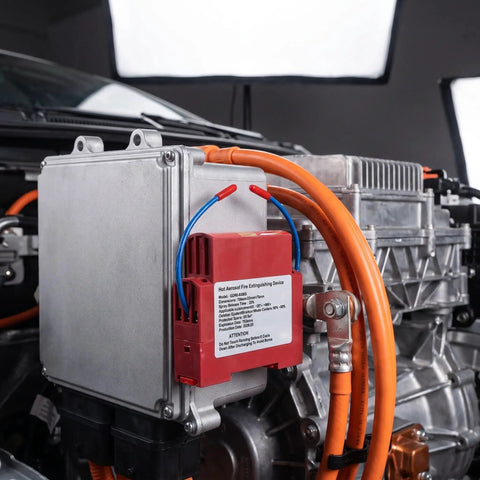 Close-up of a Hot Aerosol Fire Extinguishing Device mounted on an engine, showcasing safety gear for fire prevention in vehicles.