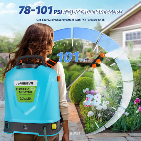 Battery Powered Backpack Sprayer 5.28 Gallons 20L With Mixing System And Telescopic Wand Adjustable 78 To 101 PSI in use on garden