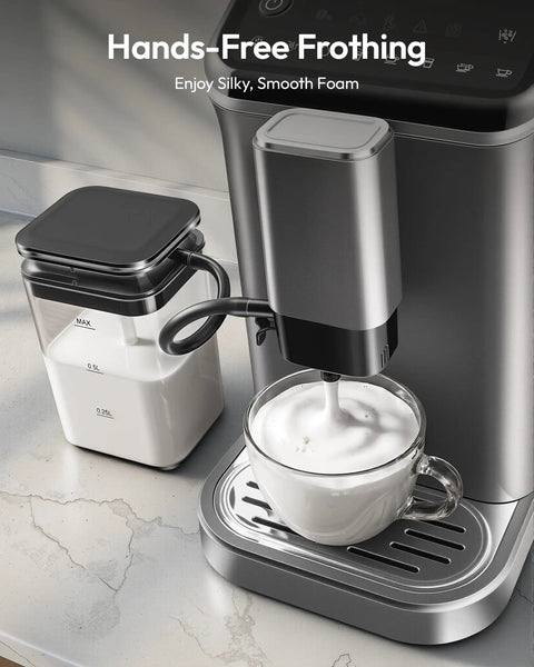 Top Shelf Fully Automatic Espresso Machine With Built In Grinder, 20 Bar Pressure, Smart Touch Display, Quick One Touch Brewing For Smooth Sips, Integrated Milk Frother, 15 Grind Settings, No Brainer Home Setup, Silver frothing milk into a glass cup on a countertop.