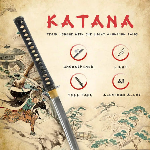 Lightweight Aluminum Katana Iaito For Iaido Training, features unsharpened blade, full tang, Japanese art background, graphic details