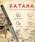 Unsharpened Aluminum Alloy Katana Iaito for Iaido Training with illustrations, handle detail, and key features highlighted