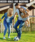 Family playing soccer in backyard with Backyard Kids Soccer Goal Set 2 Pack 4x3 Ft Portable Pop Up Net With Soccer Ball And Cones