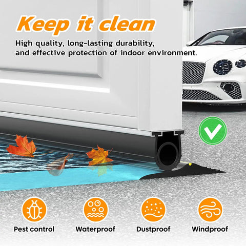 Garage Door Bottom Seal Kit With Pre Drilled Aluminum Track Retainer Base, shown sealing door against weather elements and drafts.