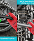 6 Piece Hose Clamp Set With Pinch Clamp Pliers For Flexible Hoses Fuel Gas Brake And Radiator Lines Three Sizes Small Medium Large Made From Heat Resistant Durable PA6 Nylon Non Conductive shown pinching a flexible hose next to industrial pipes.