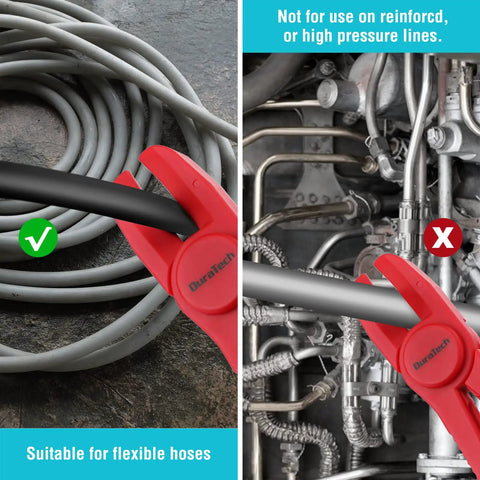 Comparison of three piece hose pinch clamp pliers set for fuel, brake, and radiator hoses showing correct and incorrect use