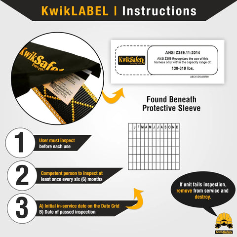KwikLABEL instructions for Solid As A Rock Full Body Fall Protection Safety Harness with inspection checklist and date grid.