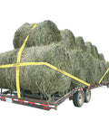Beefy 2 Inch By 40 Foot Heavy Duty Ratchet Tie Down With J Hooks And Extra Long Handle securing hay bales on trailer