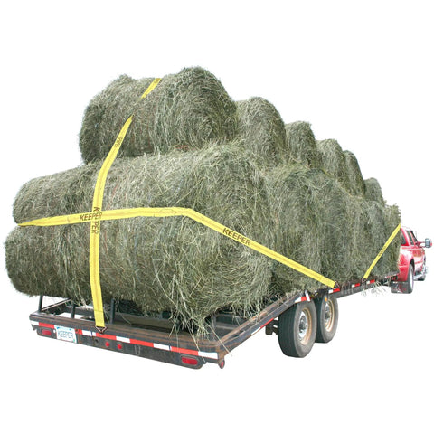 Beefy 2 Inch By 40 Foot Heavy Duty Ratchet Tie Down With J Hooks And Extra Long Handle securing hay bales on trailer