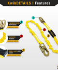 Heavy Duty Fall Protection Kit With 3D THUNDER Full Body Harness, 6 Ft Lanyard, Tool Lanyard, 3 Ft Cross Arm Strap Anchor, features yellow lanyard with steel hooks and polyester webbing, labeled details.