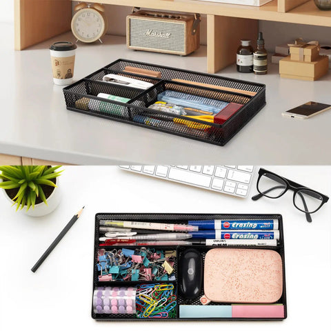 Compact Black Desk Drawer Organizer Tray With Four Compartments For Office And Home Use Non Slip Drawer Organizer for pens and sticky notes