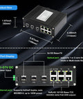 Diagram showing the 9-Port Unmanaged Industrial Ethernet Hardened Network Fiber Switch with dimensions and port details
