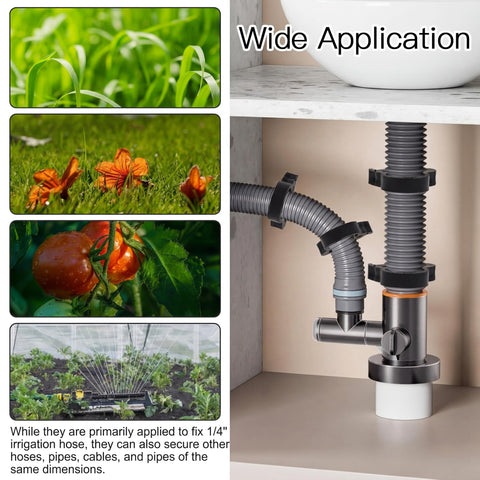 Collage showing 25 Pack One Quarter Inch Max Grip Double Gripping Nylon Hose Clamps in various garden applications and plumbing seal.