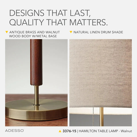 Hamilton Table Lamp With Walnut Eucalyptus Wood And Antique Brass Finish, 26.25 Inch Tall, Linen Shade, 100W Incandescent Or 26W CFL, Dope Modern Brown Desk Lamp For Living Room And Office