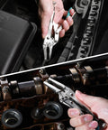Hand using Long Nose Locking Pliers With Wire Cutter, Built Tough Chrome Vanadium Construction, in engine bay for tight spaces.