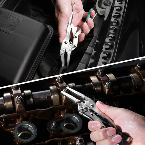 Hand using Long Nose Locking Pliers With Wire Cutter, Built Tough Chrome Vanadium Construction, in engine bay for tight spaces.