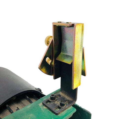 Knife Sharpening Angle Guide for 1 Inch by 30 Inch Belt Sander with Yellow Zinc Coating shown on sander model