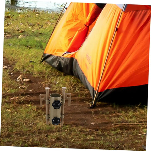 Six-Piece Adjustable Camping Tent Pole Kit with Heavy-Duty Aluminum Stakes beside orange tent in outdoor setting