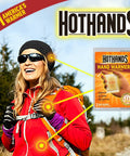 Hand Warmer Value Pack 10 Count Keeps Your Hands Toasty All Day With Long Lasting 10 Hour Heat, Portable Cozy Warmth for Outdoor Fun, Work Shifts and Ski Trips, Made in USA, shown with woman dressed for hiking outdoors.