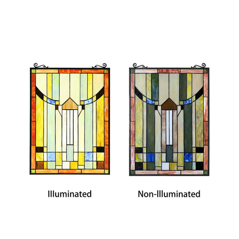 Mission Style Stained Glass Window Panel With Hanging Chain Tiffany Design 18 By 25 Inch Multi Colored Glass Art for display
