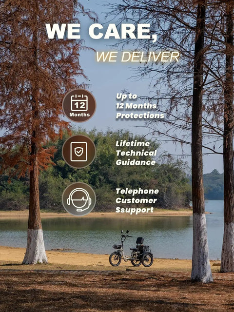 Foldable Full Suspension Electric Tricycle For Adults With A Beefy 1200W Motor 48V 20Ah Battery 20x3 Fat Tires 20 MPH Top Speed 100 Mile Range Reverse Parking Differential Red With Premium Seat, parked by a lake