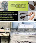 Collage showing 6 Foot Indoor Extension Cord With Three Outlets Brown Kink Free Child Safety Covers next to bed and in use.