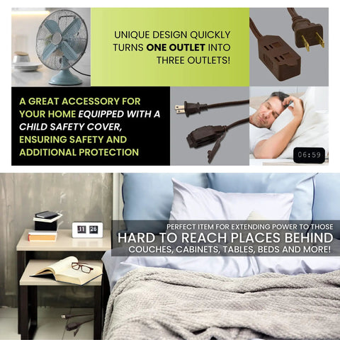 Collage showing 6 Foot Indoor Extension Cord With Three Outlets Brown Kink Free Child Safety Covers next to bed and in use.