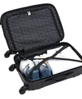 Open 20 Inch Astral Hardside Carry On Luggage with Built In 3 In 1 Cup Holder, Phone Holder and USB Port, showing interior storage