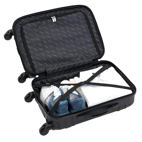 Open 20 Inch Astral Hardside Carry On Luggage with Built In 3 In 1 Cup Holder, Phone Holder and USB Port, showing interior storage