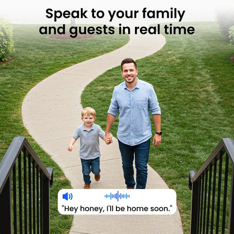 Man and child walking on a path, demonstrating 2-way talk feature of Outdoor Solar And Battery Powered Security Camera System With 2K Video.